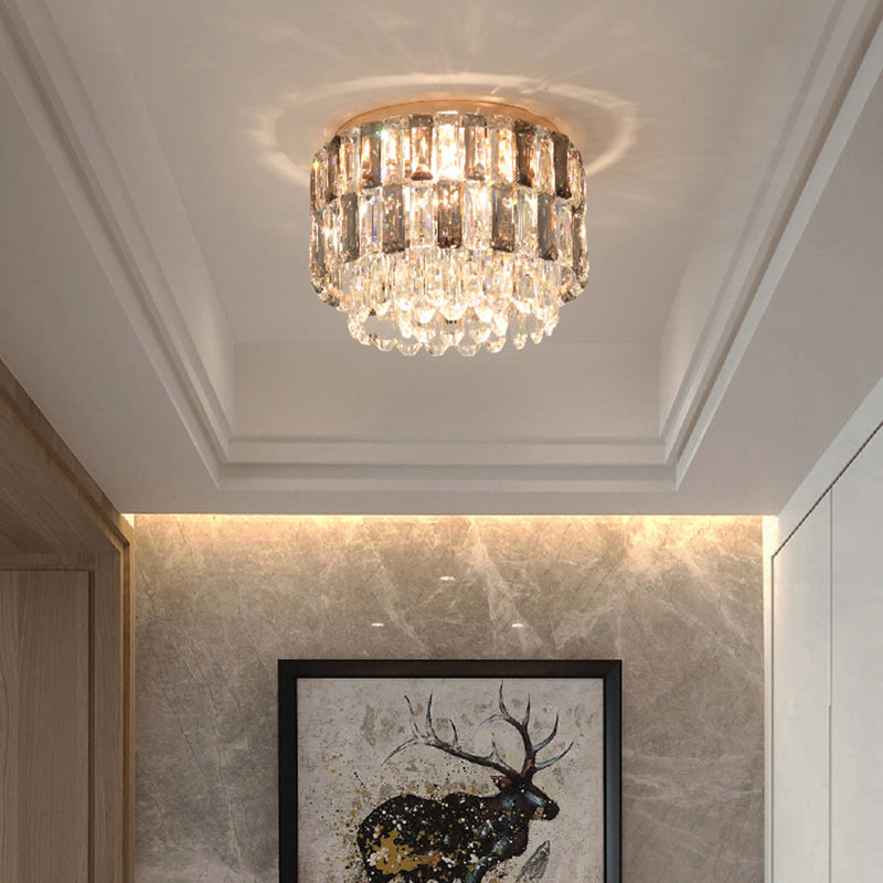 Brass Drum Shaped Flushmount Lighting Modern 3 Lights Crystal Ceiling Light for Corridor Clearhalo 'Ceiling Lights' 'Close To Ceiling Lights' 'Close to ceiling' 'Flush mount' Lighting' 2327690