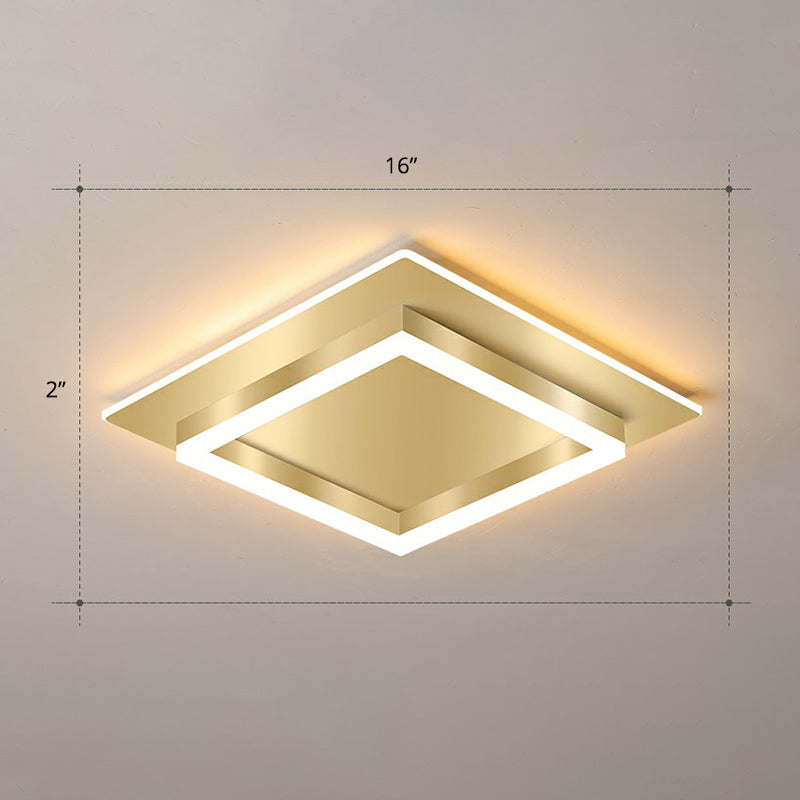 Golden Square Flush Mounted Lamp Minimalist Metal LED Flushmount Light for Bedroom Gold 16