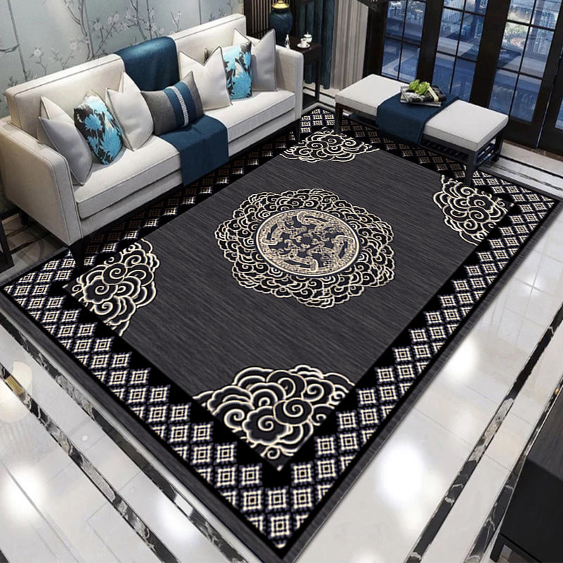 Multi Color Chinoiserie Rug Polyster Flower Printed Indoor Rug Non-Slip Backing Pet Friendly Area Carpet for Parlor Black Clearhalo 'Area Rug' 'Rug' 2333072