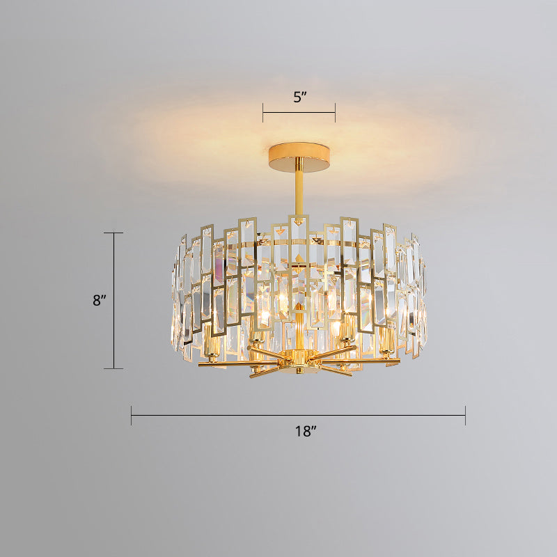 Modern Drum Pendant Lamp Tri-Sided Crystal Rods Bedroom Chandelier Light in Gold Gold 18