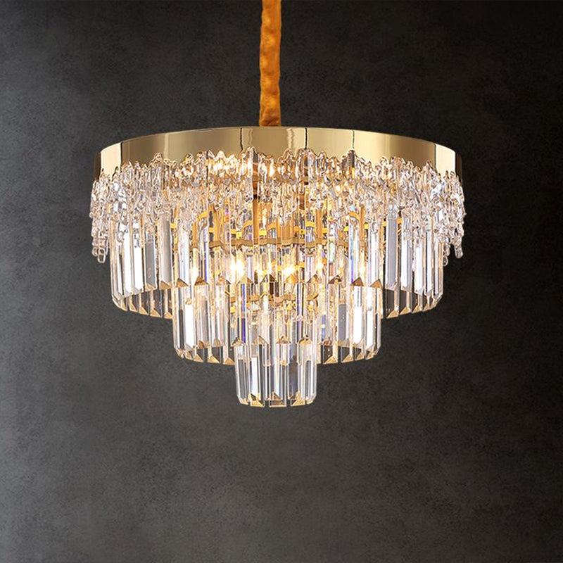 Minimalist 3-Layer Chandelier Crystal Rod Bedroom Suspended Lighting Fixture in Gold Gold Clearhalo 'Ceiling Lights' 'Chandeliers' 'Modern Chandeliers' 'Modern' Lighting' 2336038