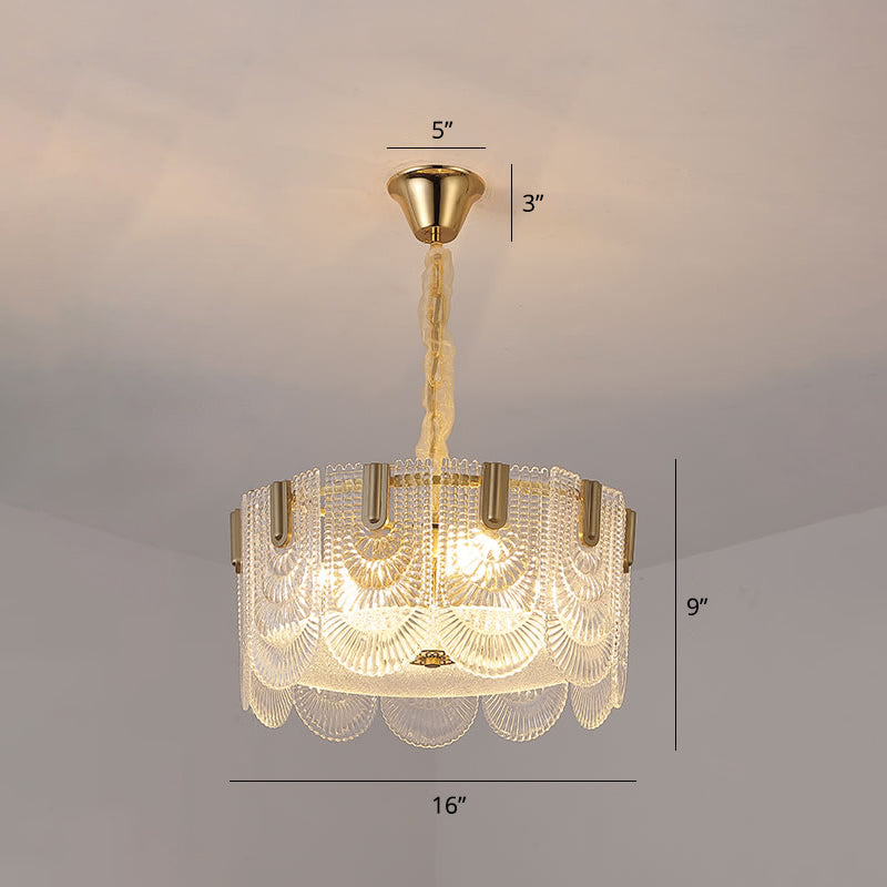 Round Pendant Ceiling Lamp Modern Clear Textured Glass Chandelier with Scalloped Edge Clear 16