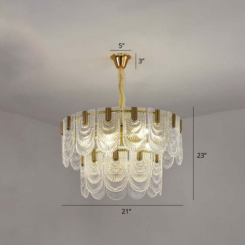 Round Pendant Ceiling Lamp Modern Clear Textured Glass Chandelier with Scalloped Edge Clear 21