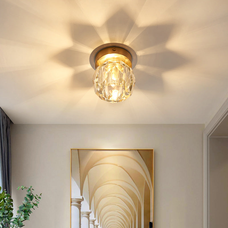 Mini Ball Semi Flush Ceiling Light Simple Faceted-Cut Crystal 1-Bulb Corridor Flush Light in Gold Clearhalo 'Ceiling Lights' 'Close To Ceiling Lights' 'Close to ceiling' 'Semi-flushmount' Lighting' 2336214