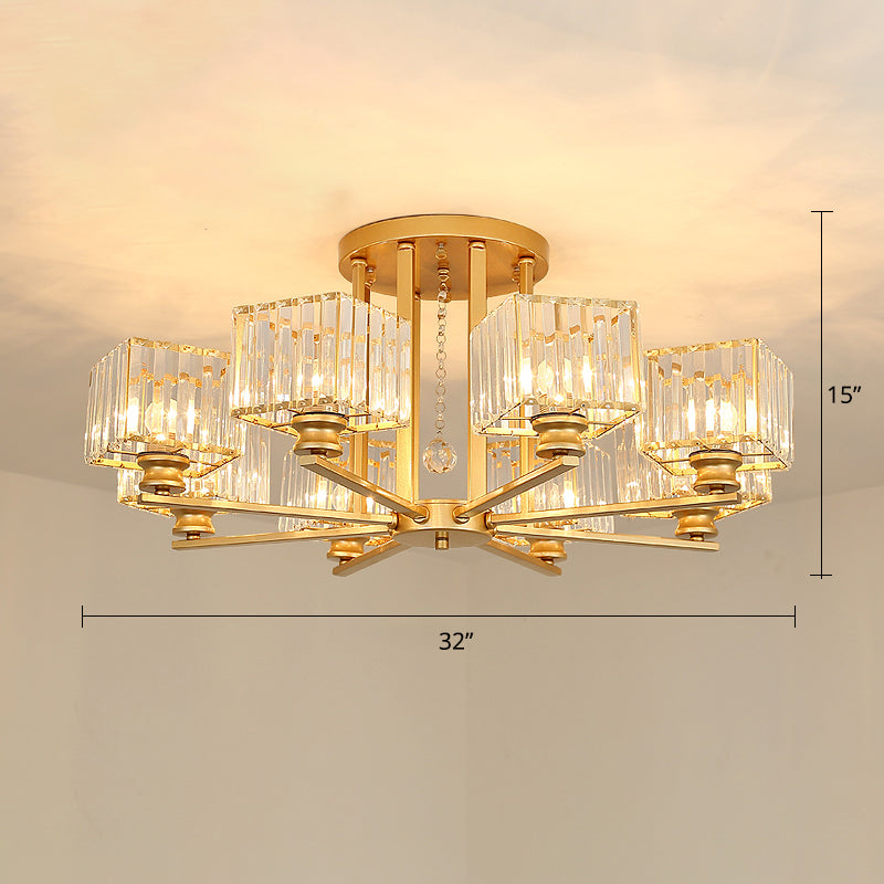 Square Semi Flush Light Fixture Contemporary Prismatic K9 Crystal Living Room Ceiling Lamp 8 Gold Clearhalo 'Ceiling Lights' 'Close To Ceiling Lights' 'Close to ceiling' 'Semi-flushmount' Lighting' 2336254