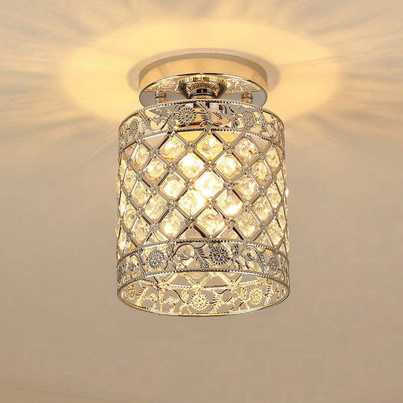 Crystal Embedded Cylindrical Flush Mount Lamp Simple 1-Light Chrome Finish Semi Flush Ceiling Light for Aisle Chrome Clearhalo 'Ceiling Lights' 'Close To Ceiling Lights' 'Close to ceiling' 'Semi-flushmount' Lighting' 2336272