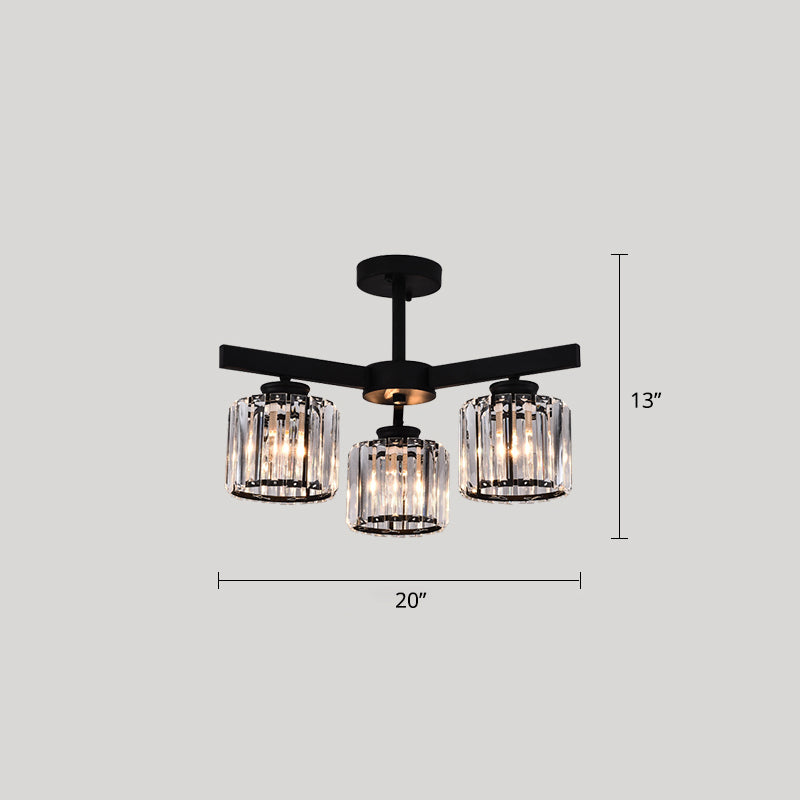 Cylindrical Semi Flush Chandelier Contemporary Crystal Prism Ceiling Light for Living Room 3 Black Clearhalo 'Ceiling Lights' 'Close To Ceiling Lights' 'Close to ceiling' 'Semi-flushmount' Lighting' 2336319