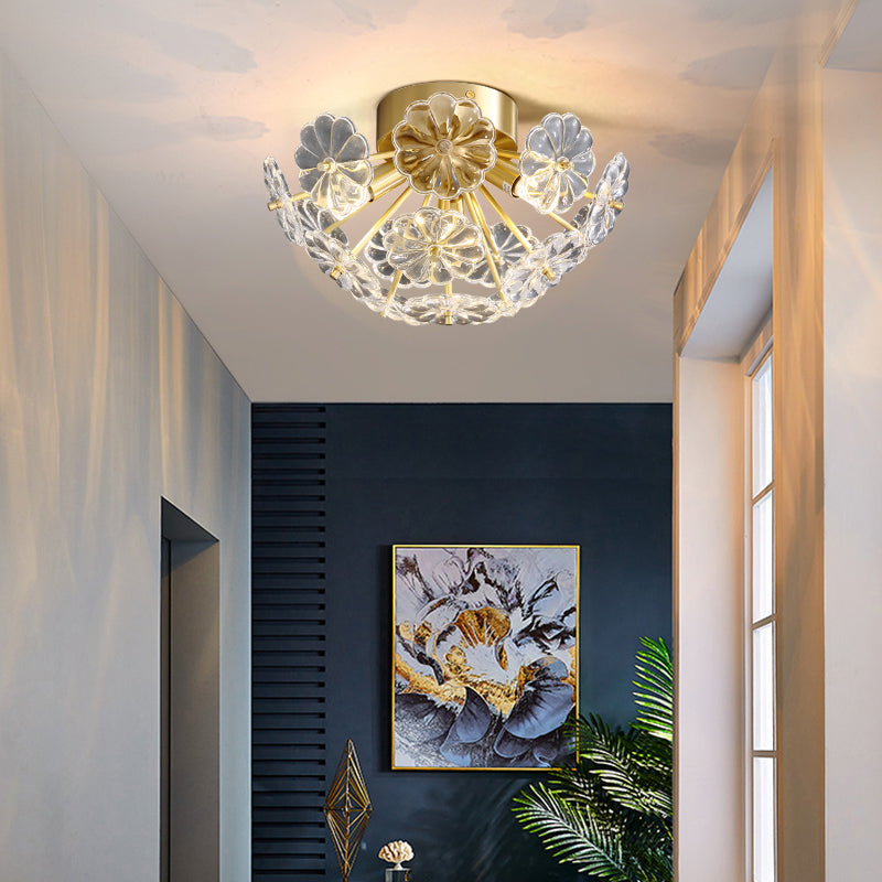 Crystal Flower Semi Mount Lighting Modern Stylish Gold Finish Flush Ceiling Light for Bedroom Clearhalo 'Ceiling Lights' 'Close To Ceiling Lights' 'Close to ceiling' 'Semi-flushmount' Lighting' 2336324