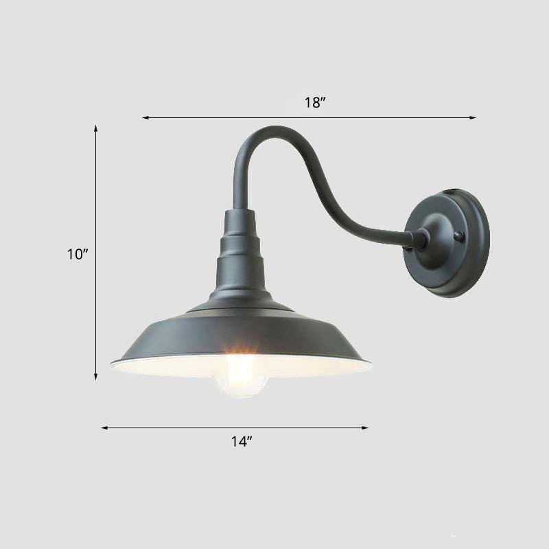 1-Bulb Gooseneck Wall Lamp Industrial Metal Wall Mounted Light with Barn Shade for Outdoor Black 14