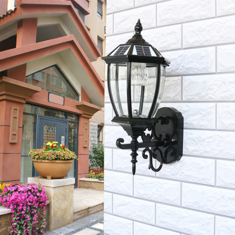 Solar LED Wall Lamp Traditional Transparent Glass Bell Sconce Lighting for Courtyard Black 9