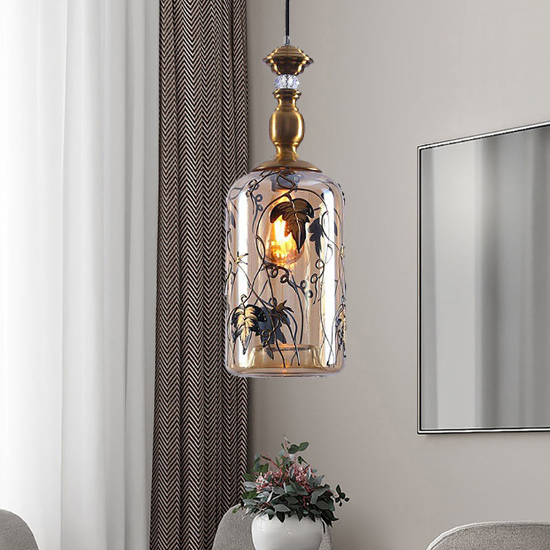 Jar Living Room Hanging Lamp Amber Glass 1 Head Colonial Pendant Lighting Fixture Amber Clearhalo 'Ceiling Lights' 'Glass shade' 'Glass' 'Pendant Lights' 'Pendants' Lighting' 234699