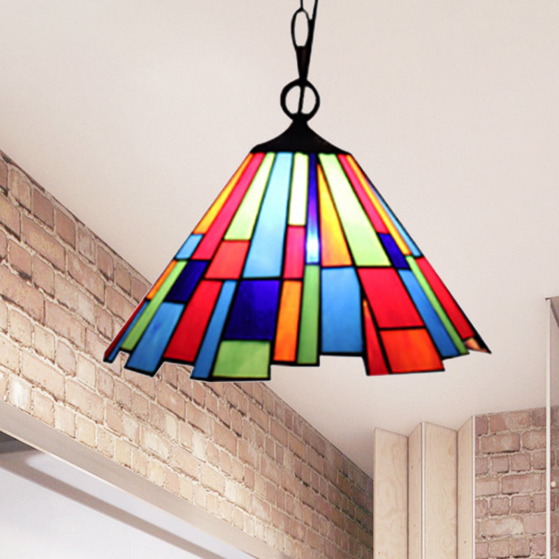 Stained Glass Conical Hanging Lamp Tiffany 1 Bulb Black Ceiling Pendant for Dining Room, 12