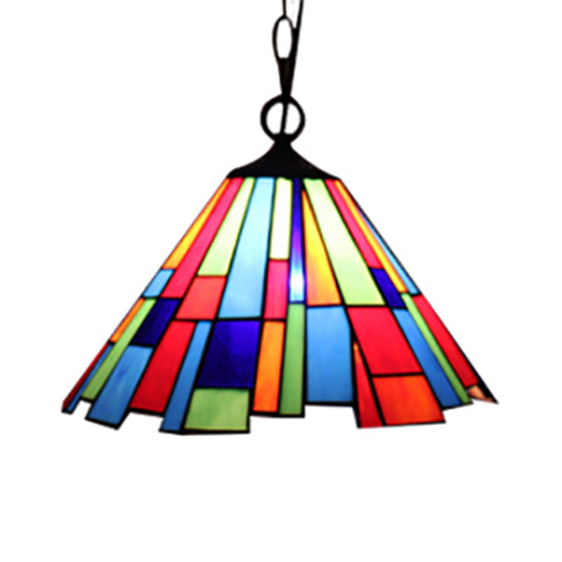 Stained Glass Conical Hanging Lamp Tiffany 1 Bulb Black Ceiling Pendant for Dining Room, 12