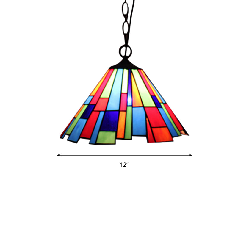 Stained Glass Conical Hanging Lamp Tiffany 1 Bulb Black Ceiling Pendant for Dining Room, 12