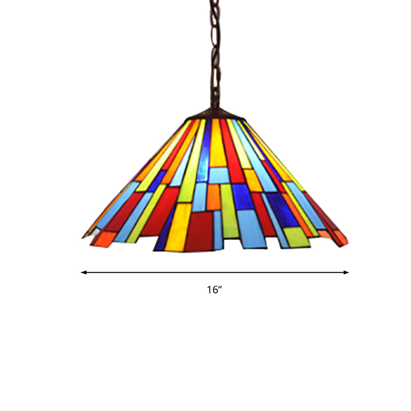 Stained Glass Conical Hanging Lamp Tiffany 1 Bulb Black Ceiling Pendant for Dining Room, 12