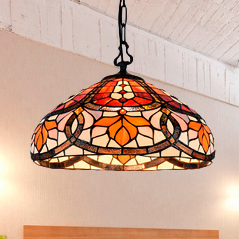 Stained Glass Dome Hanging Lamp Tiffany Antique Pendant Light in Black Finish for Dining Room Orange 16