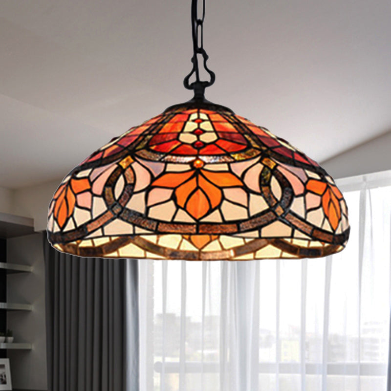 Stained Glass Dome Hanging Lamp Tiffany Antique Pendant Light in Black Finish for Dining Room Orange 12