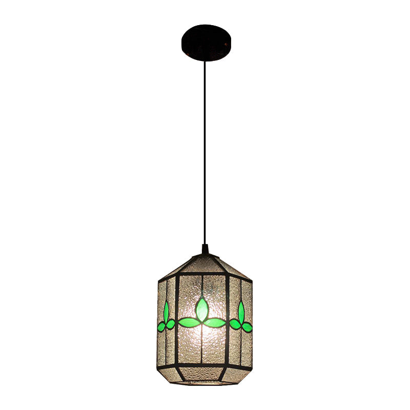 Cylinder Stainless Glass Hanging Light Tiffany Style 1 Light Red/Green Down Lighting with Rhombus/Leaf Pattern Clearhalo 'Ceiling Lights' 'Industrial' 'Middle Century Pendants' 'Pendant Lights' 'Pendants' 'Tiffany close to ceiling' 'Tiffany Pendants' 'Tiffany' Lighting' 235148