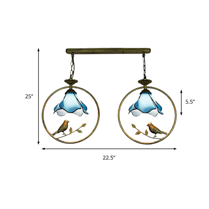 Tiffany Blossom Pendant Lamp with Little Bird 1 Head Glass Hanging Light in Blue for Kitchen Clearhalo 'Ceiling Lights' 'Chandeliers' 'Industrial' 'Middle Century Pendants' 'Pendant Lights' 'Pendants' 'Tiffany close to ceiling' 'Tiffany Pendants' 'Tiffany' Lighting' 235170