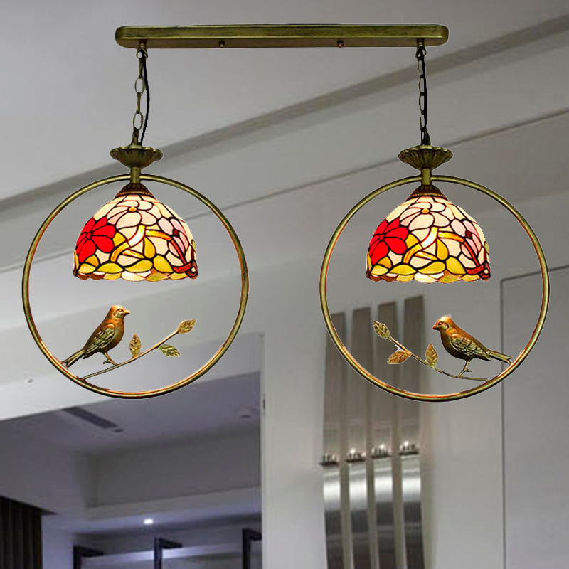 Rustic Multi-Colored Hanging Light with Little Bird Blossom 2 Lights Tiffany Glass Pendant Light for Hotel Clearhalo 'Ceiling Lights' 'Industrial' 'Middle Century Pendants' 'Pendant Lights' 'Pendants' 'Tiffany close to ceiling' 'Tiffany Pendants' 'Tiffany' Lighting' 235178