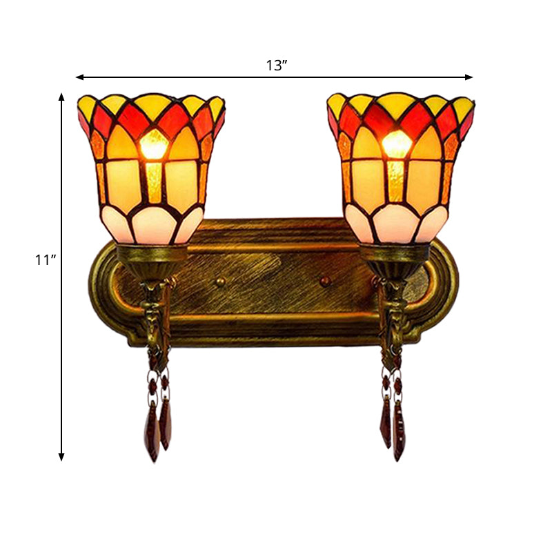 Stained Glass Bell Wall Mount Light with Crystal 2 Lights Rustic Lodge Wall Sconce in Brass Clearhalo 'Industrial' 'Middle century wall lights' 'Tiffany wall lights' 'Tiffany' 'Wall Lamps & Sconces' 'Wall Lights' Lighting' 235253