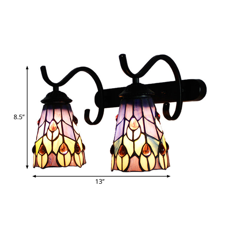 2 Heads Cone Wall Mount Light with Peacock Tail/Flower Stained Glass Rustic Wall Sconce Lamp with Linear Backplate in Black Clearhalo 'Industrial' 'Middle century wall lights' 'Tiffany wall lights' 'Tiffany' 'Wall Lamps & Sconces' 'Wall Lights' Lighting' 235278