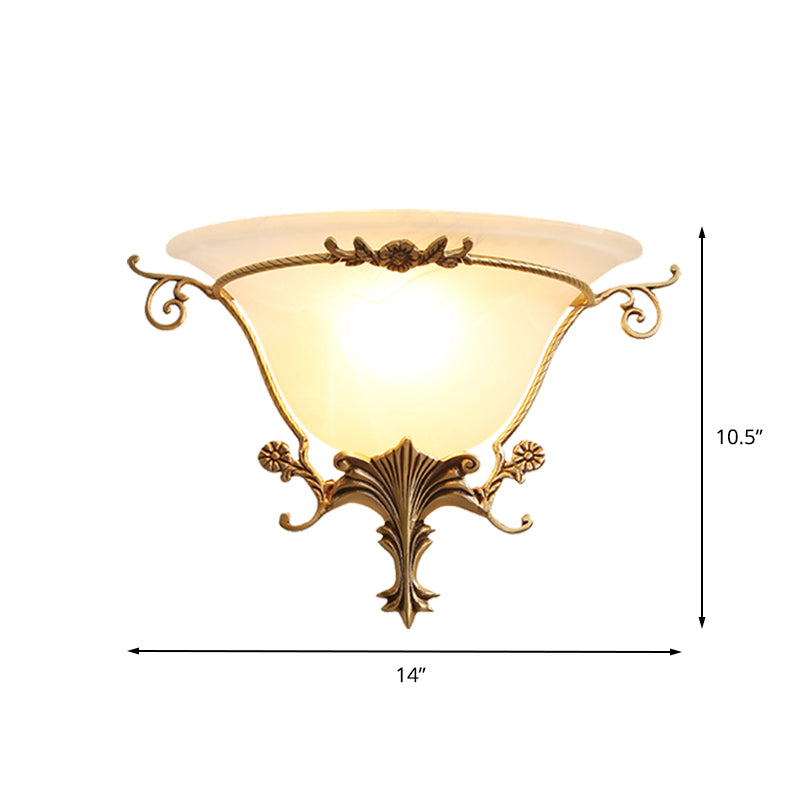 Trumpet Flare Sconce Light Traditionary Milk Glass 1 Bulb Brass Wall Mounted Lamp with Vine Decoration Clearhalo 'Wall Lamps & Sconces' 'Wall Lights' Lighting' 235309