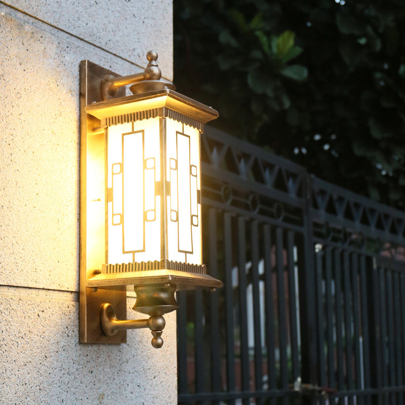 Frosted Glass Rectangle Solar Lantern Sconce Vintage Gateway LED Wall Light in Coffee Coffee Solar Column Clearhalo 'Wall Lamps & Sconces' 'Wall Lights' Lighting' 2353369