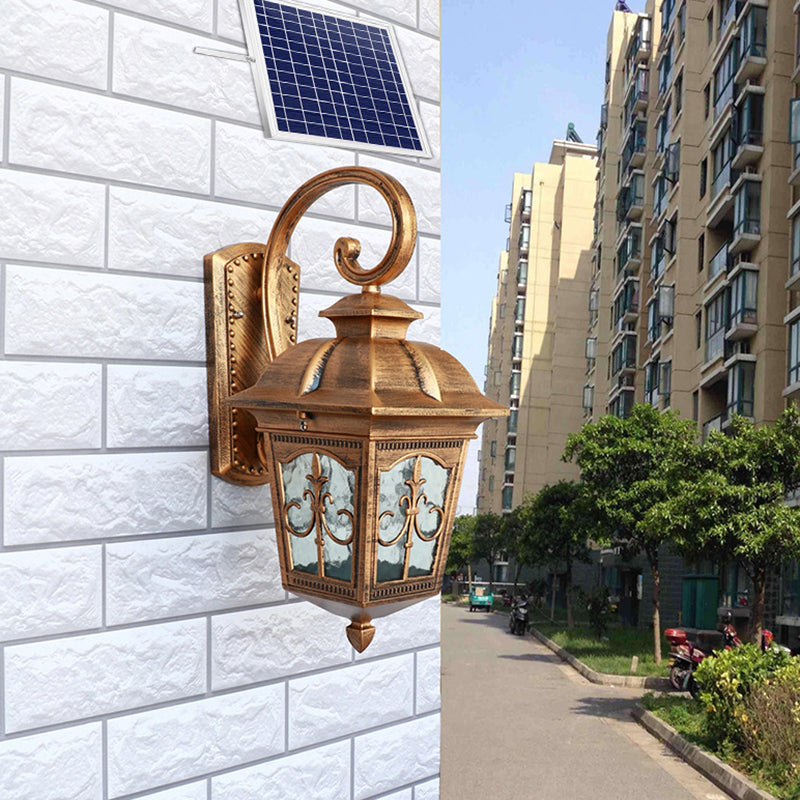 Lantern Shaped LED Wall Lamp Fixture Traditional Clear Glass Solar Wall Sconce for Outdoor Bronze Solar Clearhalo 'Wall Lamps & Sconces' 'Wall Lights' Lighting' 2353371