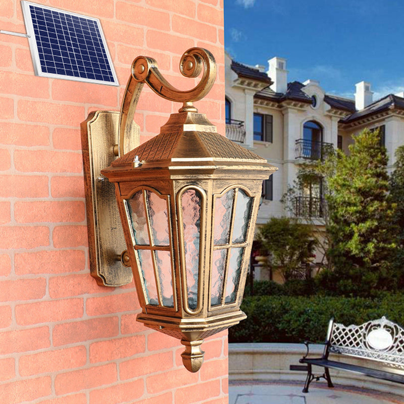 Bronze Tapered Outdoor Wall Lantern Antique Rippled Glass Patio Solar LED Wall Light Fixture Clearhalo 'Wall Lamps & Sconces' 'Wall Lights' Lighting' 2353376