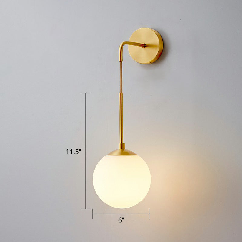 Global Wall Light Fixture Simplicity White Glass 1 Bulb Bedroom Sconce Lamp in Brass Brass 6