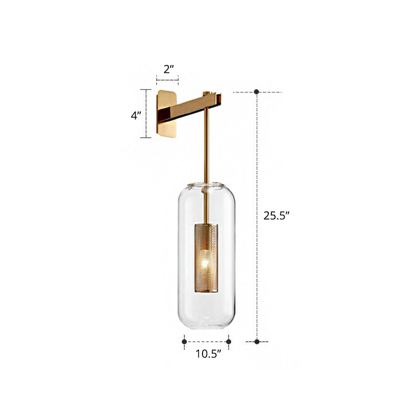 Pill Capsule Clear Glass Wall Sconce Postmodern 1-Light Wall Hanging Light with Mesh Cage Bronze Clearhalo 'Cast Iron' 'Glass' 'Industrial' 'Modern wall lights' 'Modern' 'Tiffany' 'Traditional wall lights' 'Wall Lamps & Sconces' 'Wall Lights' Lighting' 2353475