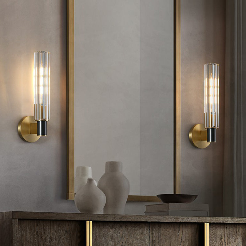 Tubular Wall Light Sconce Minimalist Crystal Prism Brass Finish Wall Mount Light for Bedroom Clearhalo 'Cast Iron' 'Glass' 'Industrial' 'Modern wall lights' 'Modern' 'Tiffany' 'Traditional wall lights' 'Wall Lamps & Sconces' 'Wall Lights' Lighting' 2353486