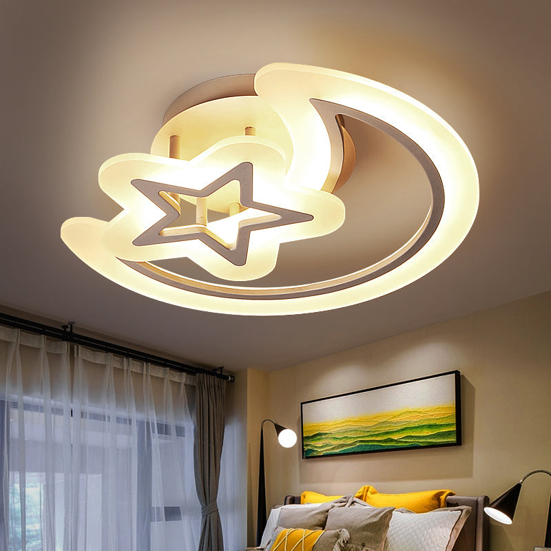 Moon and Star Acrylic Ceiling Lamp Kids Style White LED Semi Flush Mount Light for Bedroom Clearhalo 'Ceiling Lights' 'Close To Ceiling Lights' 'Close to ceiling' 'Semi-flushmount' Lighting' 2353695