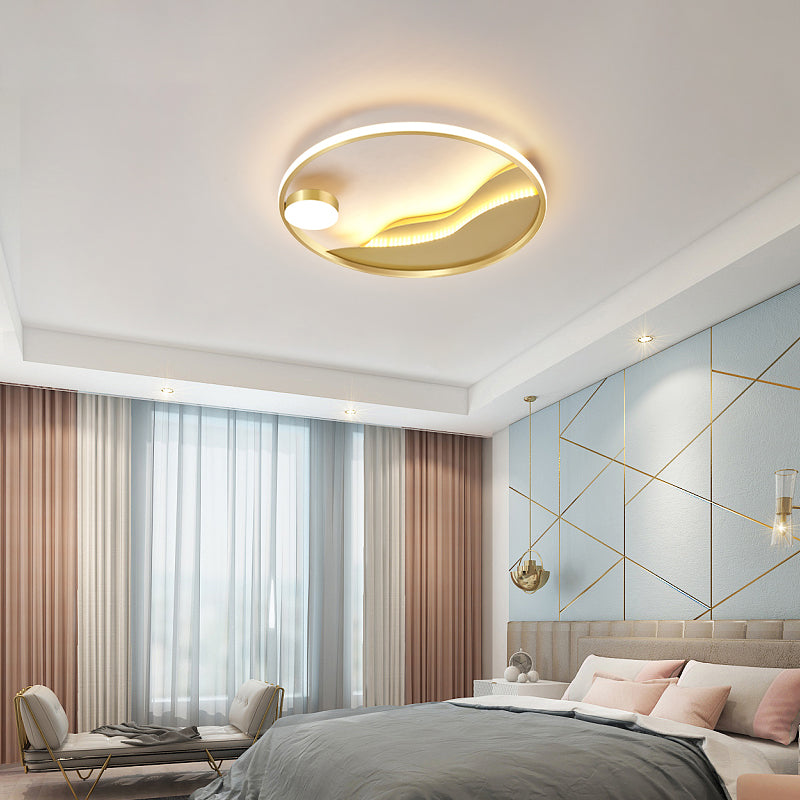 Minimalistic Abstract Art Round Flush Mount Metal Bedroom LED Ceiling Light in Gold Gold 19.5