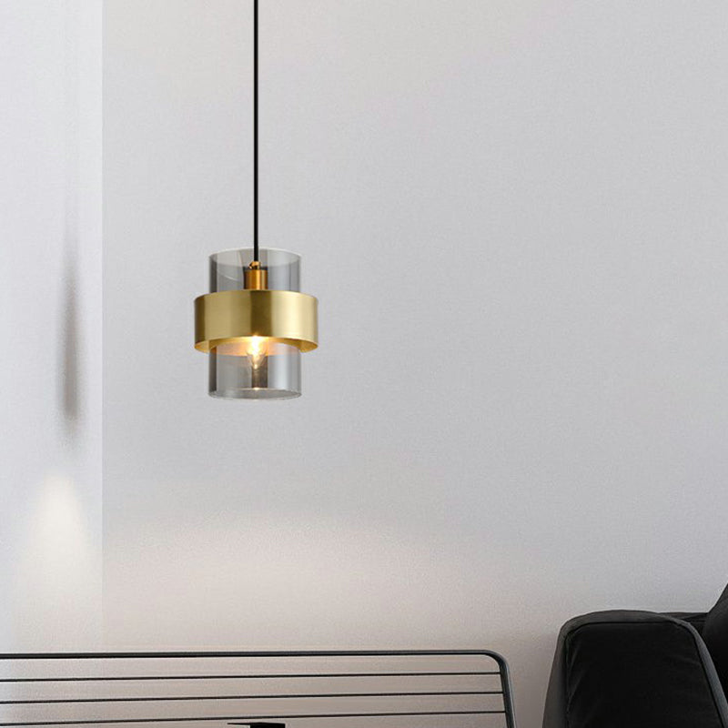 Cylinder Bedroom Down Lighting Smoke Grey Glass Single Postmodern Pendant Light in Brass Clearhalo 'Ceiling Lights' 'Modern Pendants' 'Modern' 'Pendant Lights' 'Pendants' Lighting' 2353897