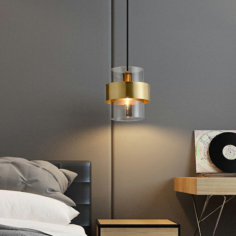 Cylinder Bedroom Down Lighting Smoke Grey Glass Single Postmodern Pendant Light in Brass Clearhalo 'Ceiling Lights' 'Modern Pendants' 'Modern' 'Pendant Lights' 'Pendants' Lighting' 2353900