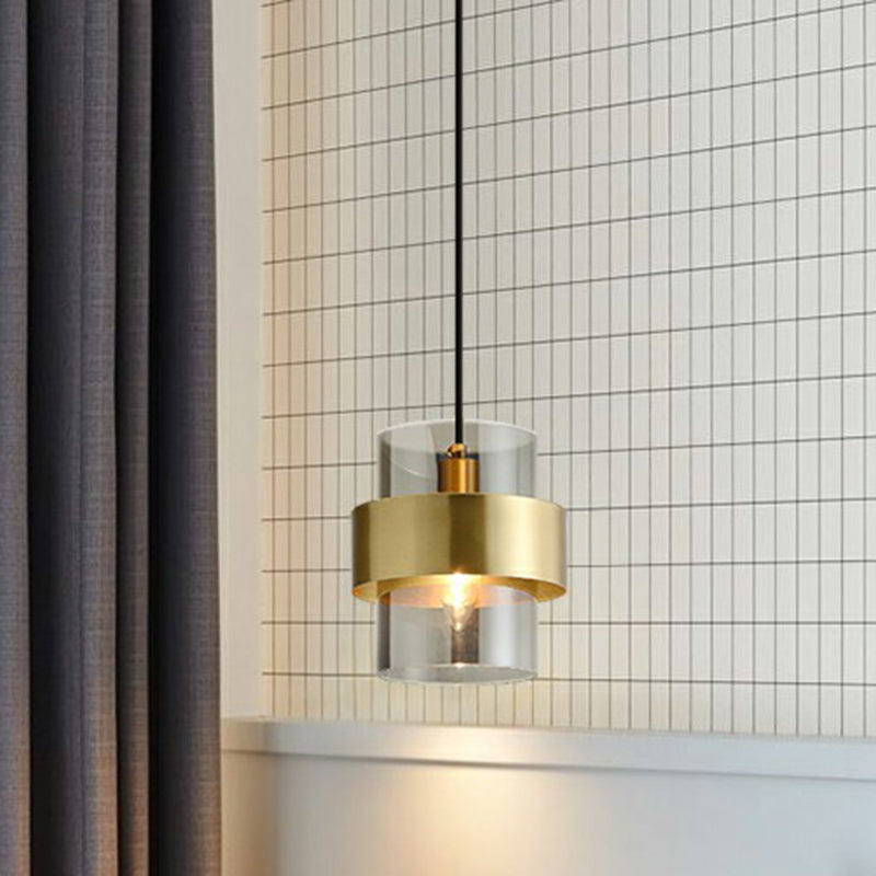 Cylinder Bedroom Down Lighting Smoke Grey Glass Single Postmodern Pendant Light in Brass Clearhalo 'Ceiling Lights' 'Modern Pendants' 'Modern' 'Pendant Lights' 'Pendants' Lighting' 2353901