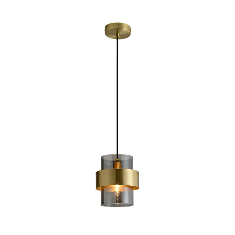 Cylinder Bedroom Down Lighting Smoke Grey Glass Single Postmodern Pendant Light in Brass Clearhalo 'Ceiling Lights' 'Modern Pendants' 'Modern' 'Pendant Lights' 'Pendants' Lighting' 2353902