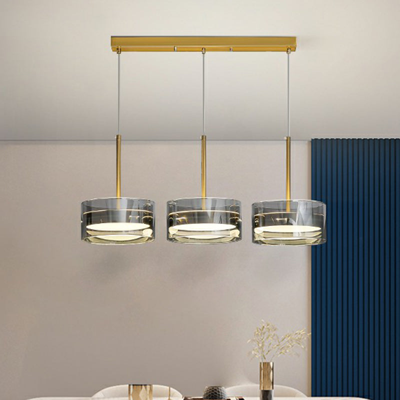 Gold Drum Shaped LED Hanging Ceiling Light Postmodern 3 Heads Glass Pendant Lighting Fixture Clearhalo 'Ceiling Lights' 'Modern Pendants' 'Modern' 'Pendant Lights' 'Pendants' Lighting' 2353927