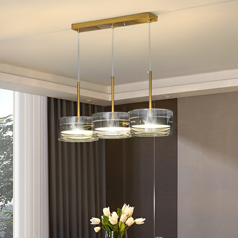 Gold Drum Shaped LED Hanging Ceiling Light Postmodern 3 Heads Glass Pendant Lighting Fixture Clearhalo 'Ceiling Lights' 'Modern Pendants' 'Modern' 'Pendant Lights' 'Pendants' Lighting' 2353930