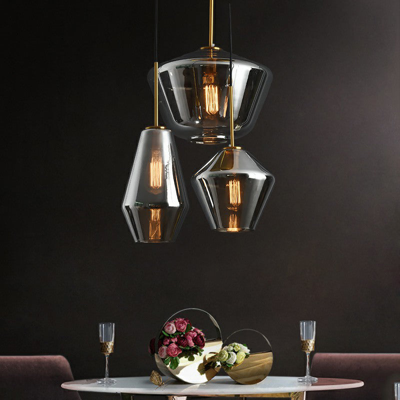 Postmodern 3 Bulbs Cluster Pendant Brass Geometric Ceiling Suspension Light with Glass Shade Clearhalo 'Ceiling Lights' 'Modern Pendants' 'Modern' 'Pendant Lights' 'Pendants' Lighting' 2353936