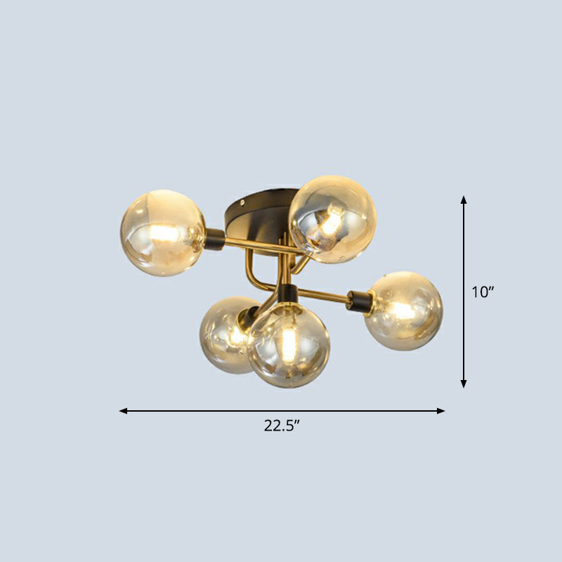 Postmodern Sphere Flush Mount Lamp Glass 5-Light Bedroom Semi Flush Mount Ceiling Light in Black-Brass Amber Clearhalo 'Ceiling Lights' 'Close To Ceiling Lights' 'Close to ceiling' 'Semi-flushmount' Lighting' 2353978