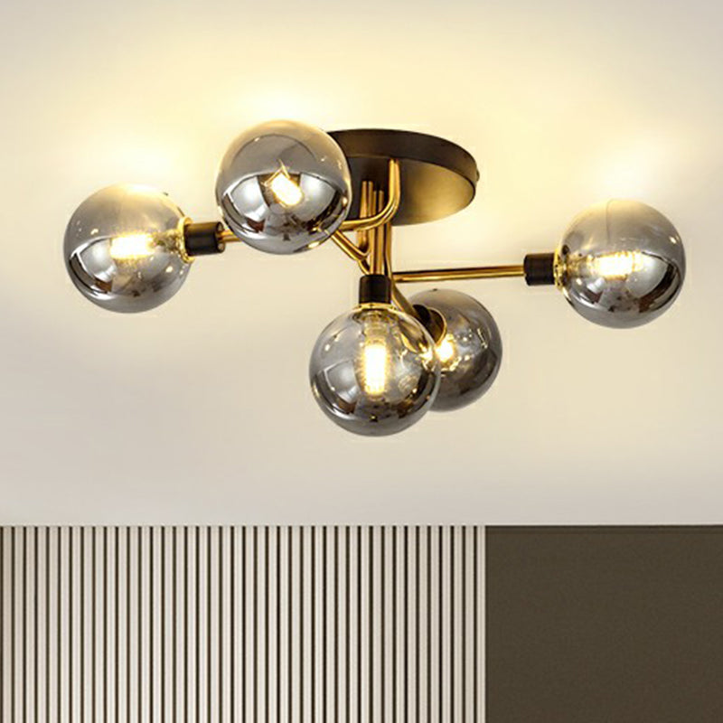 Postmodern Sphere Flush Mount Lamp Glass 5-Light Bedroom Semi Flush Mount Ceiling Light in Black-Brass Clearhalo 'Ceiling Lights' 'Close To Ceiling Lights' 'Close to ceiling' 'Semi-flushmount' Lighting' 2353979