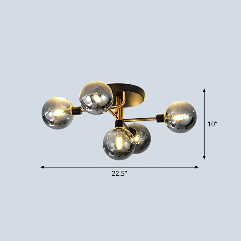 Postmodern Sphere Flush Mount Lamp Glass 5-Light Bedroom Semi Flush Mount Ceiling Light in Black-Brass Smoke Gray Clearhalo 'Ceiling Lights' 'Close To Ceiling Lights' 'Close to ceiling' 'Semi-flushmount' Lighting' 2353983