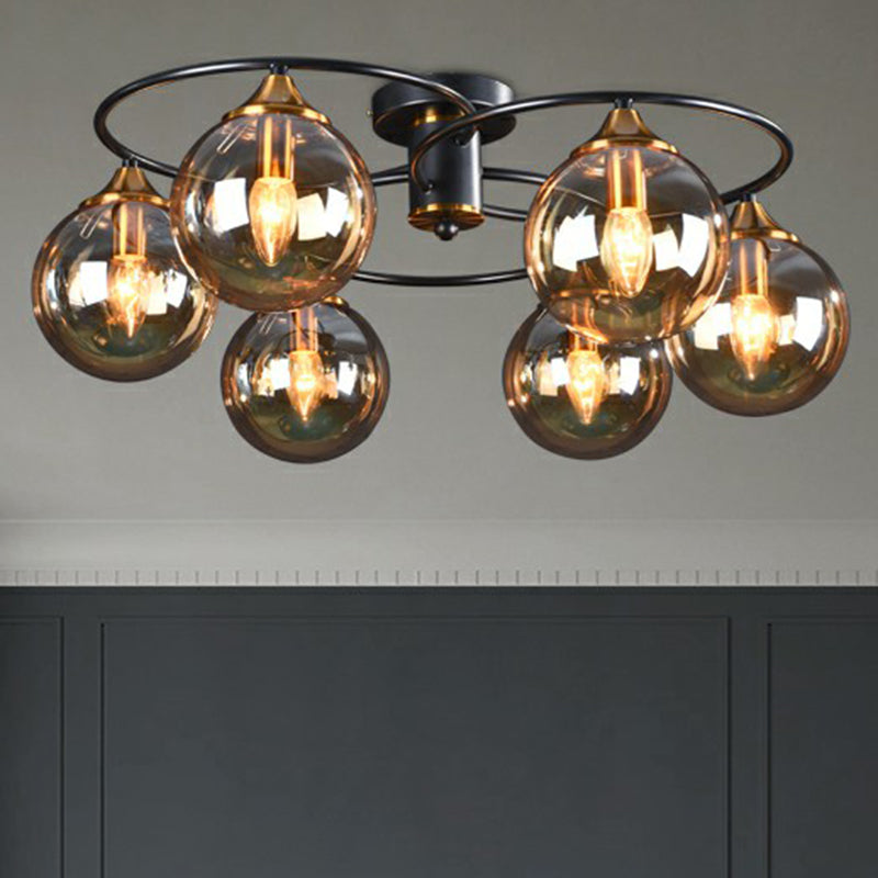 Postmodern Semi Flush Chandelier Black and Brass Ball Ceiling Light with Glass Shade Clearhalo 'Ceiling Lights' 'Close To Ceiling Lights' 'Close to ceiling' 'Semi-flushmount' Lighting' 2353995