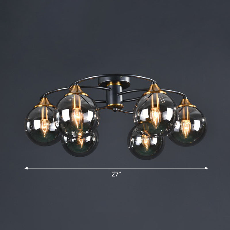 Postmodern Semi Flush Chandelier Black and Brass Ball Ceiling Light with Glass Shade 6 Smoke Gray Clearhalo 'Ceiling Lights' 'Close To Ceiling Lights' 'Close to ceiling' 'Semi-flushmount' Lighting' 2354001