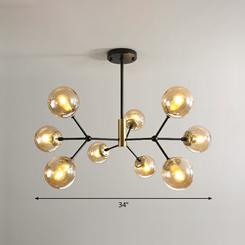 Postmodern Molecule Hanging Light Ball Glass Bedroom Chandelier in Black and Brass 9 Amber Clearhalo 'Ceiling Lights' 'Chandeliers' 'Modern Chandeliers' 'Modern' Lighting' 2354154