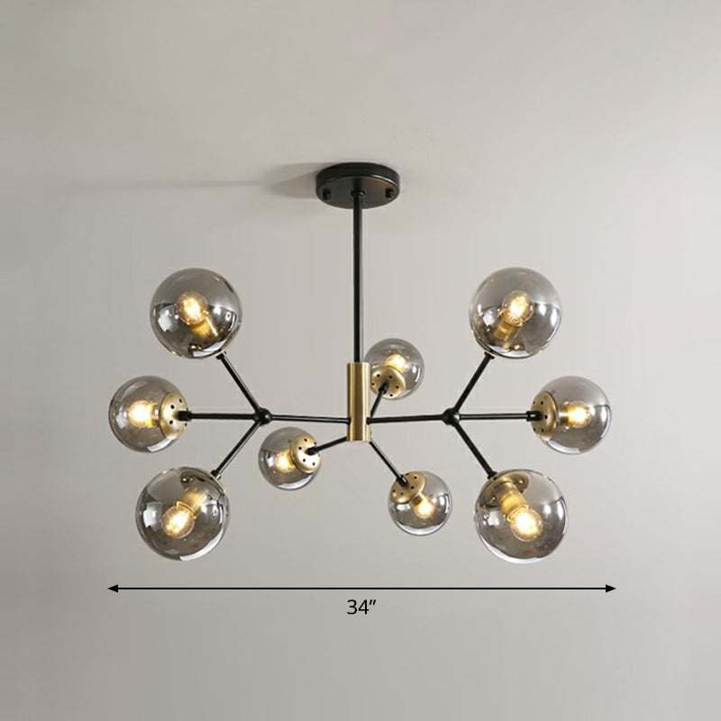 Postmodern Molecule Hanging Light Ball Glass Bedroom Chandelier in Black and Brass 9 Smoke Gray Clearhalo 'Ceiling Lights' 'Chandeliers' 'Modern Chandeliers' 'Modern' Lighting' 2354157