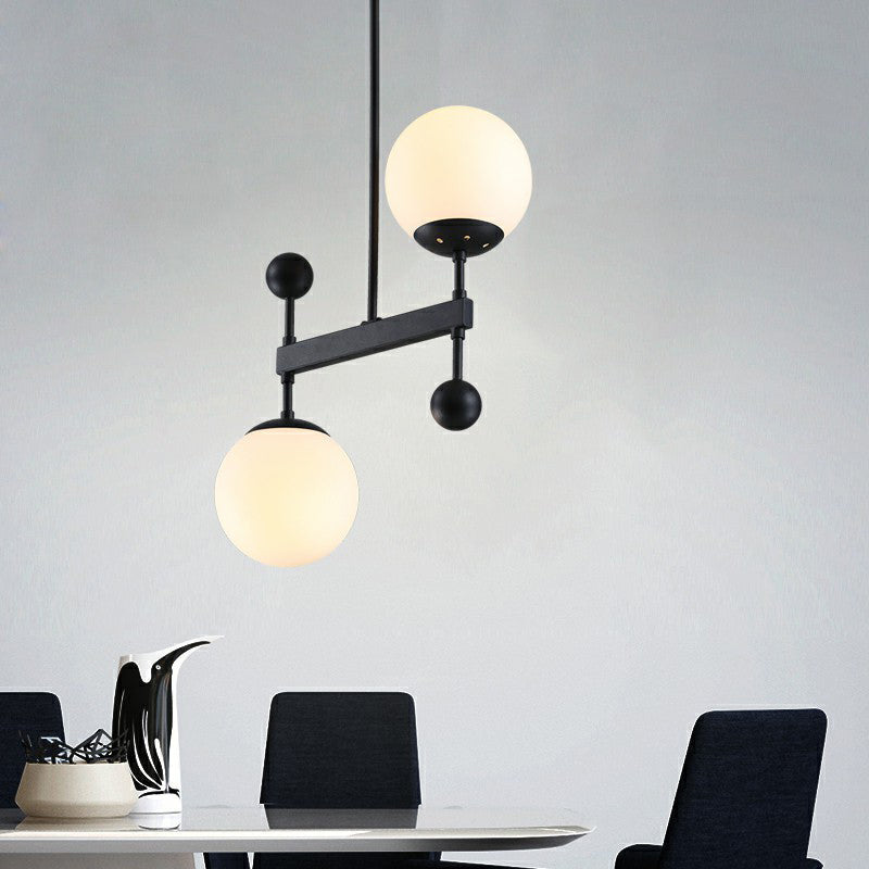 Opaline Glass Spherical Pendant Light Minimalist 2-Head Chandelier Light for Dining Room Black Clearhalo 'Ceiling Lights' 'Chandeliers' 'Modern Chandeliers' 'Modern' Lighting' 2354208